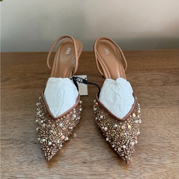 Zara Women's Beaded Nude Slingback Heels - Picture 7 of 9